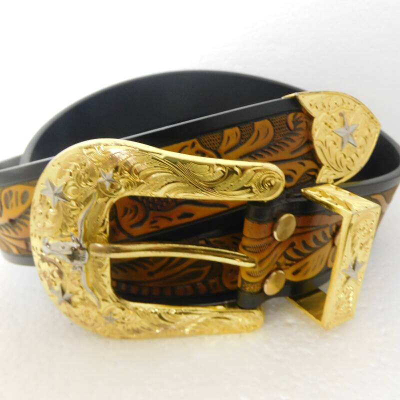 Western riem met unieke gespenset met longhoorns en sterren - Afbeelding 6