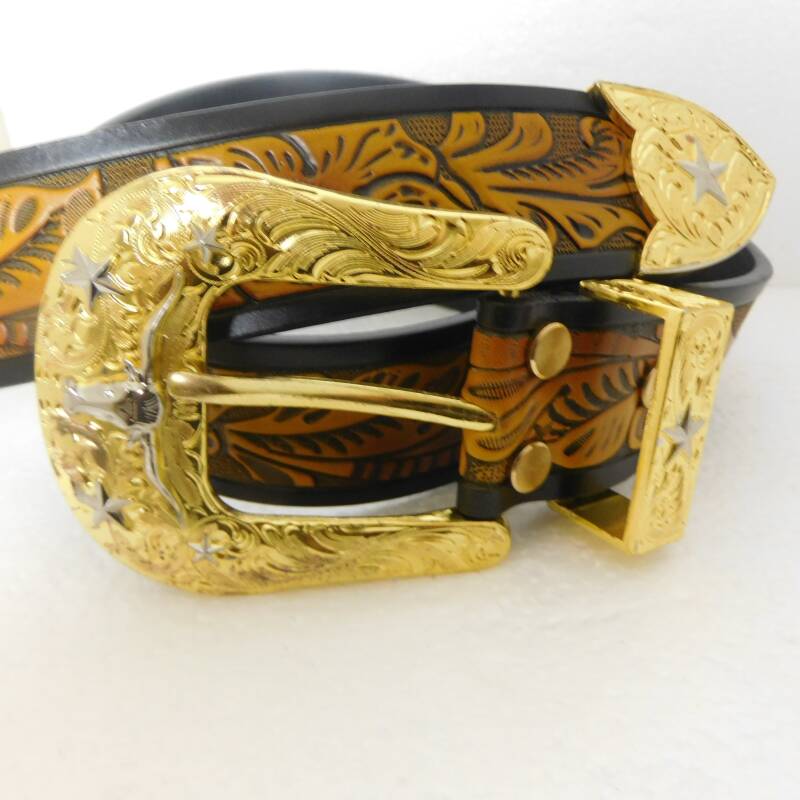 Western riem met unieke gespenset met longhoorns en sterren - Afbeelding 3