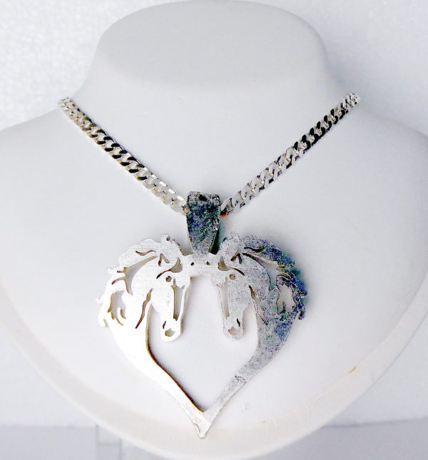 Prachtige zilveren hanger van 2 paardenhoofden - in een hartvorm  - grote maat - met  gourmet collier - Afbeelding 4