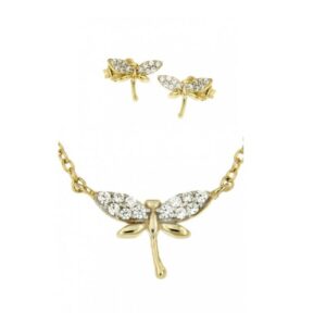 14 karaat gouden collier  of oorstekers met Libelle en Zirconia's