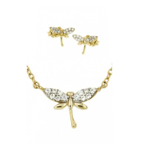 14 karaat gouden collier  of oorstekers met Libelle en Zirconia's