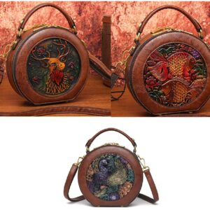 Hetty'S - Luxe handtas - Uniek rond model - 3 verschillende designs: Met Phoenix Vogel- Goud vissen en Edelhert - Leer