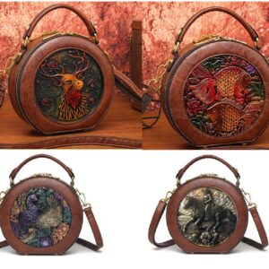 Hetty'S - Luxe handtas - Uniek rond model - 4 verschillende designs: Western met paard -Met Phoenix Vogel- Goud vissen en Edelhert - Leer