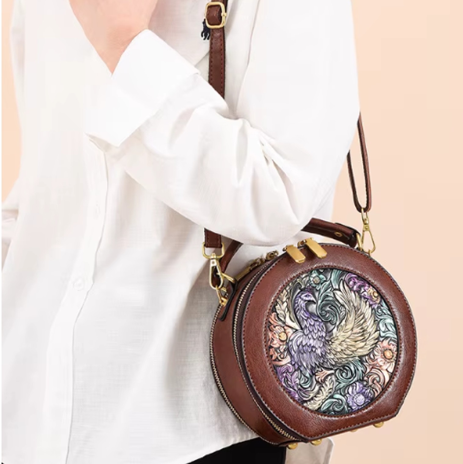 Hetty'S - Luxe handtas - Uniek rond model - 3 verschillende designs: Met Phoenix Vogel- Goud vissen en Edelhert - Leer - Afbeelding 8