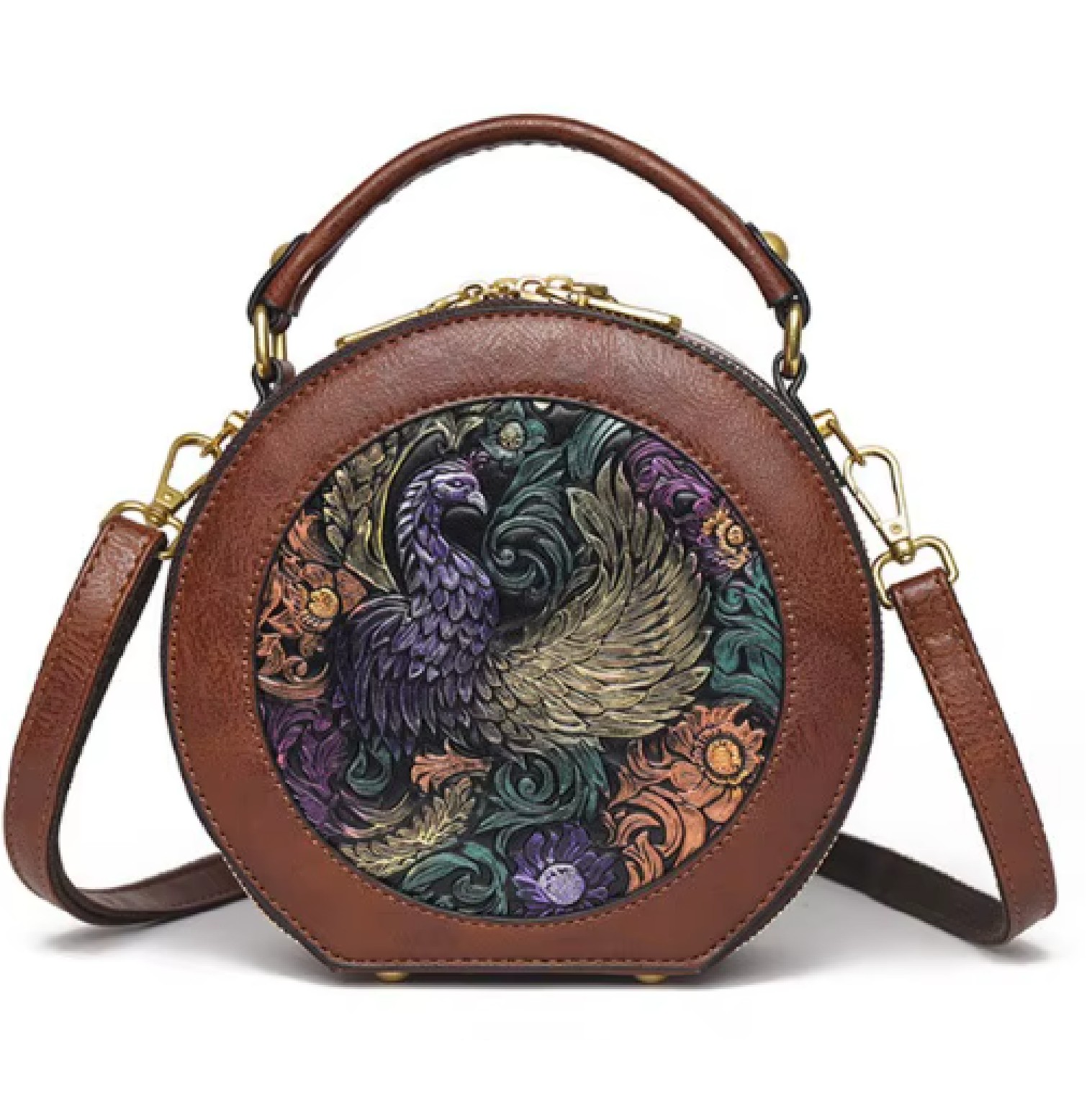 Hetty'S - Luxe handtas - Uniek rond model - 3 verschillende designs: Met Phoenix Vogel- Goud vissen en Edelhert - Leer - Afbeelding 7